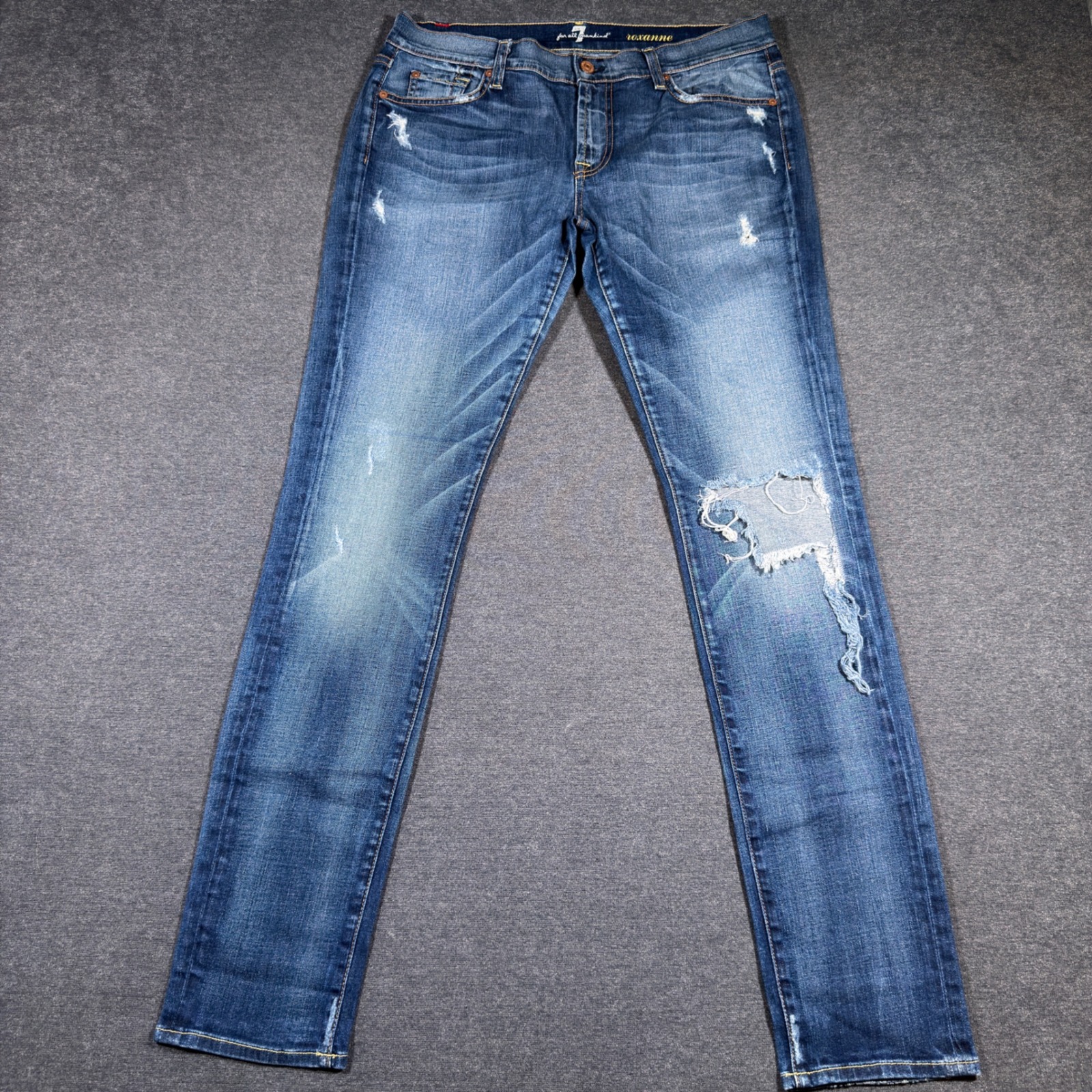 7 For All Mankind Roxanne Jeans Women 31x33 Blue Distressed Slim Straight Denim